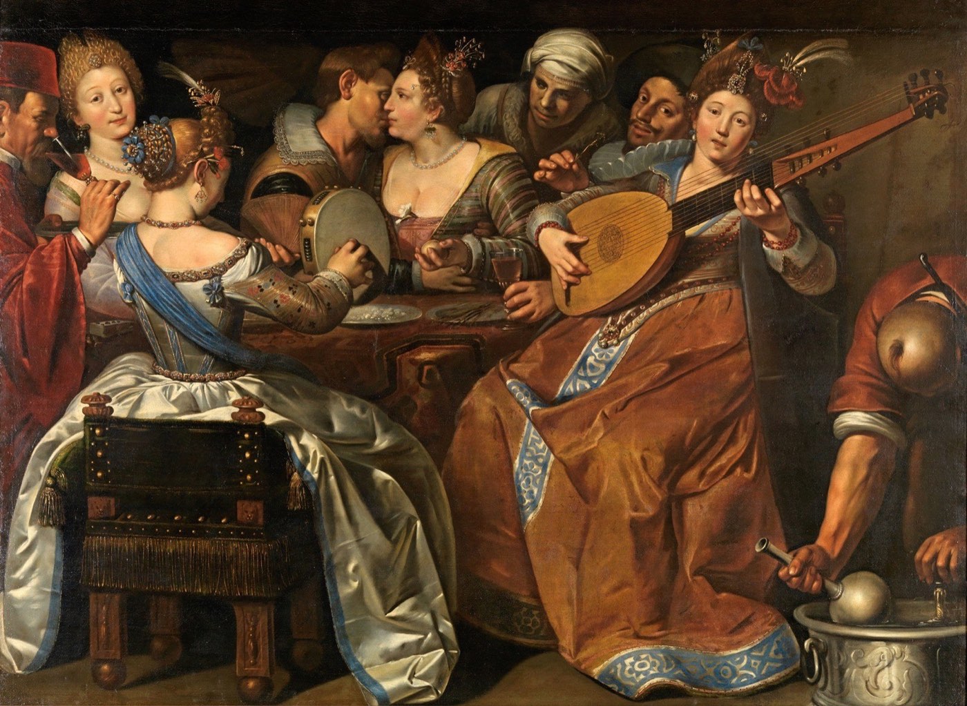 Allegoria dei cinque sensi di Ludovicus Finson: una donna suona il tamburello in un concerto da camera del primo Seicento
