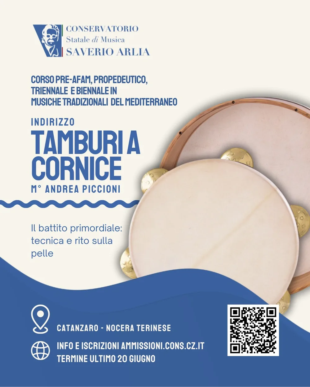 Poster of the course in Mediterranean Traditional Music, Frame Drums specialisation, Saverio Arlia Conservatory