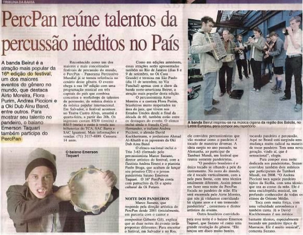 Tribuna da Bahia, «PercPan reúne talentos da percussão inéditos no País» — sul PercPan, 16° Panorama Percussivo Mundial, con Airto Moreira e Flora Purim